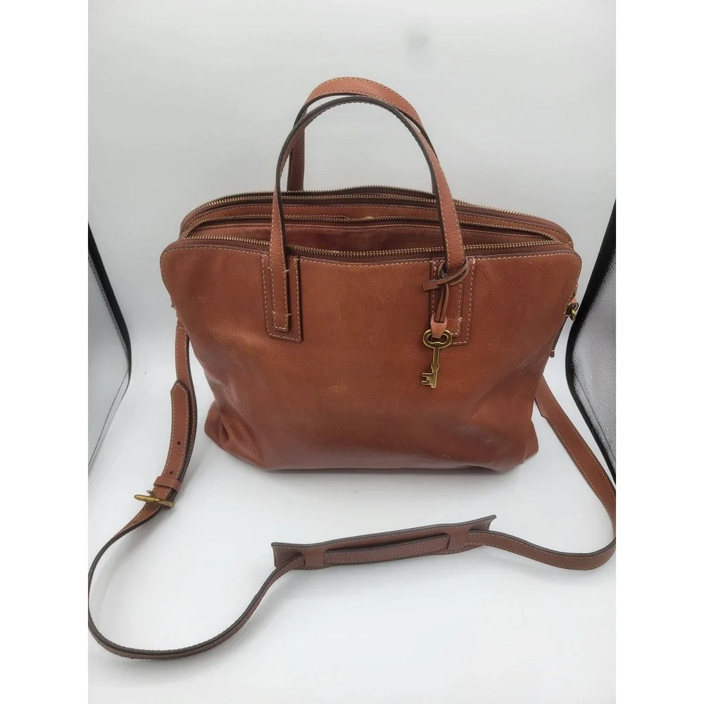 Fossil Rachel Satchel Brown Leather Triple Compartment Crossbody Laptop Bag